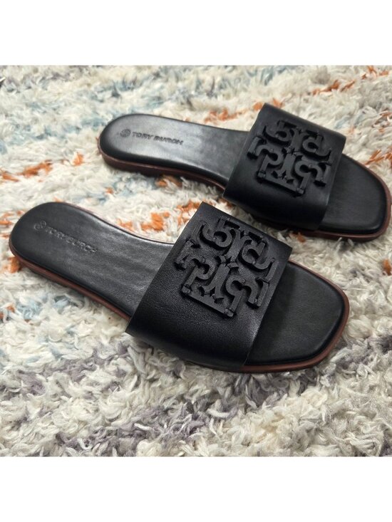 Tory Burch Shoes - Tory Burch Ines Logo Slide Sandal in Perfect Black Leather Size 8
